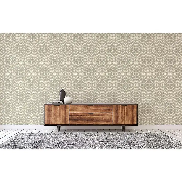 Tadessi Vliestapete M1-No.1538 - Weiß, Sonstiges, 10,05 x 0,53 m - Hölzernes Sideboard mit zwei Schubladen und zwei Schranktüren, dunklem Rahmen und Beinen, als Konsole in modernem Raumambiente.