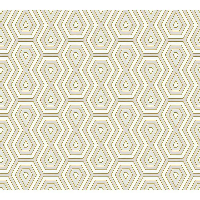 Tadessi Vliestapete M1-No.1538 - Weiß, Sonstiges, 10,05 x 0,53 m - Nahtloses geometrisches Muster aus ineinandergreifenden hellgrauen und weißen sechseckigen Formen mit goldener Umrandung.