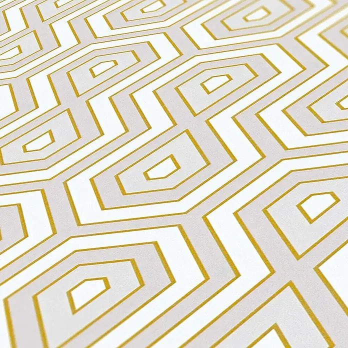 Tadessi Vliestapete M1-No.1538 - Weiß, Sonstiges, 10,05 x 0,53 m - Gold-weißes, wiederkehrendes geometrisches Muster.