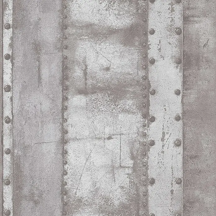 Tadessi Vliestapete M1-No.551 - Grau, Sonstiges, 10,05 x 0,53 m - Abgenutzte silbergraue Metalltextur mit vertikalen Nietenpaneelen, die einen industriellen, verwitterten Look erzeugen.