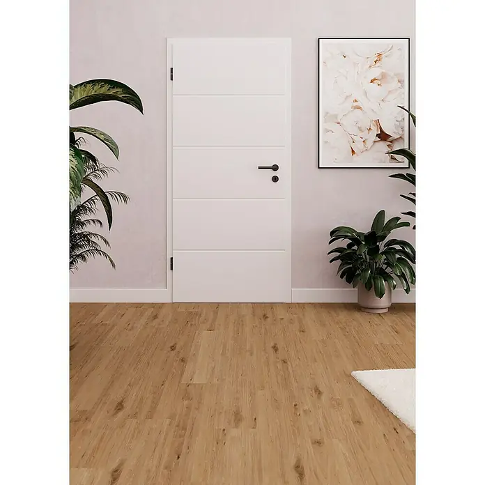 Diamond Doors Zimmertürgarnitur Black Panther L-Form Premium PVD - Stärke Tür: 38 mm - 45 mm, Buntbart, Edelstahl, L-Form - Helle Innentür mit fünf horizontalen Paneelen und schwarzem Türgriff. Ideal für moderne Wohnräume.