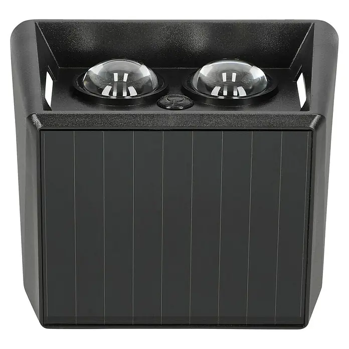 BAUHAUS Solar-Außenwandleuchte - L x B x H: 6,4 x 10,7 x 9,7 cm, Schwarz, IP65, 40 lm - Nahaufnahme einer schwarzen Solarleuchte mit zwei runden Lampen und einem Solarpanel, die umweltfreundliche Beleuchtung bietet.