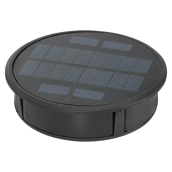 BAUHAUS Solar-Dekoleuchte Laterne - 0,06 W, L x B x H: 20 x 20 x 44 cm, Braun/ Anthrazit, IP44 - Das Bild zeigt eine Solarleuchte mit einem runden, schwarzen Gehäuse und einem Solarpanel auf der Oberseite zur Stromerzeugung.