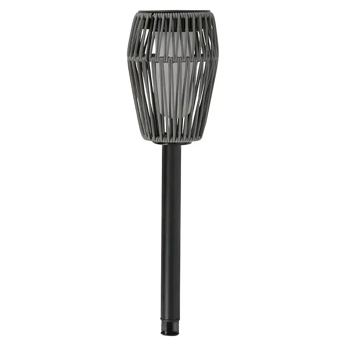 BAUHAUS Solar-Erdspieß Rattan - 0,6 W, L x B x H: 11 x 11 x 49,5 cm, Grau, IP44, 10 lm - Elegante Gartenleuchte mit grauem Lampenschirm aus Kordel und schwarzem Stab, perfekt für stimmungsvolle Beleuchtung im Außenbereich.