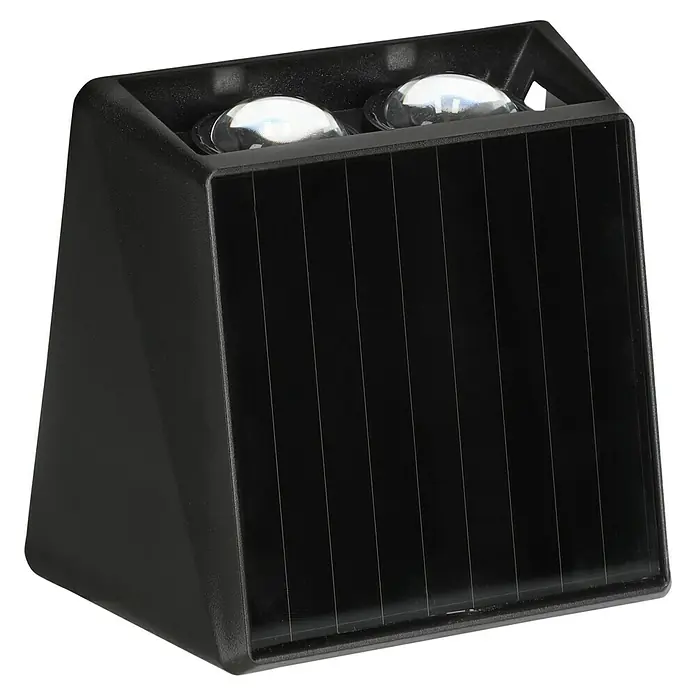 BAUHAUS Solar-Außenwandleuchte - L x B x H: 6,4 x 10,7 x 9,7 cm, Schwarz, IP65, 40 lm - Nahaufnahme einer schwarzen, würfelförmigen Lampe mit zwei Glühbirnen und vertikalen Lamellen.