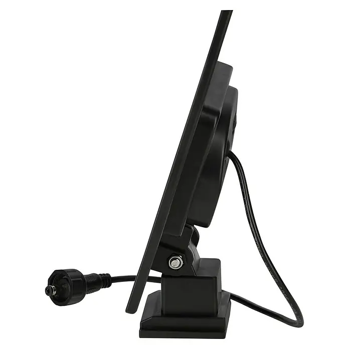 BAUHAUS Solarleuchten-Set - 3 W, Schwarz, IP44, 150 lm - Nahaufnahme eines schwarzen Monitors mit Kabel, der auf einem Sockel steht und eine verstellbare Halterung für eine optimale Betrachtungsposition bietet.