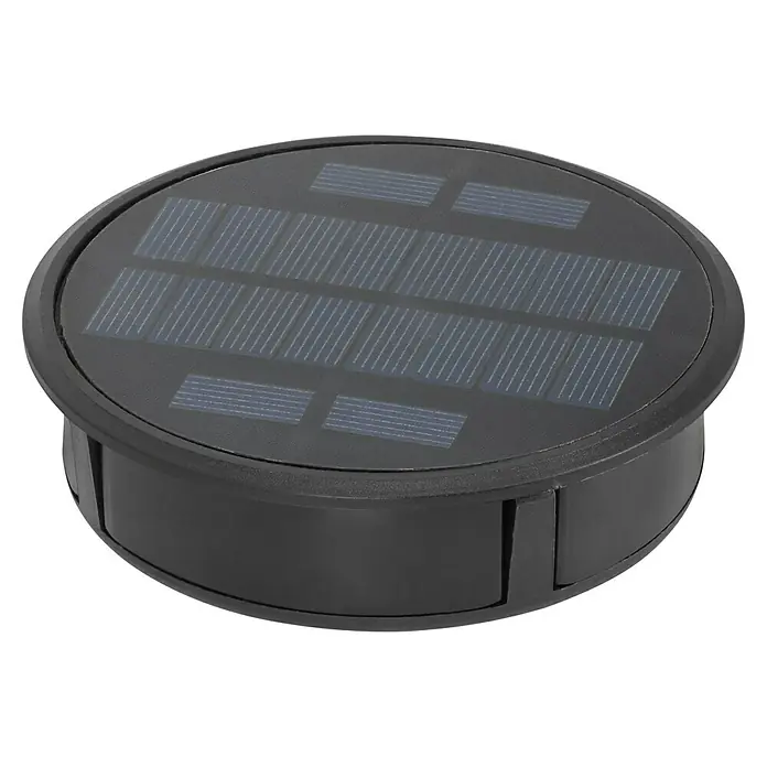 BAUHAUS Solar-Dekoleuchte Laterne - 0,06 W, L x B x H: 43,5 x 43,5 x 61 cm, Anthrazit, IP44 - Abbildung einer runden schwarzen Solarleuchte mit Solarpanel auf der Oberseite für den Außenbereich.