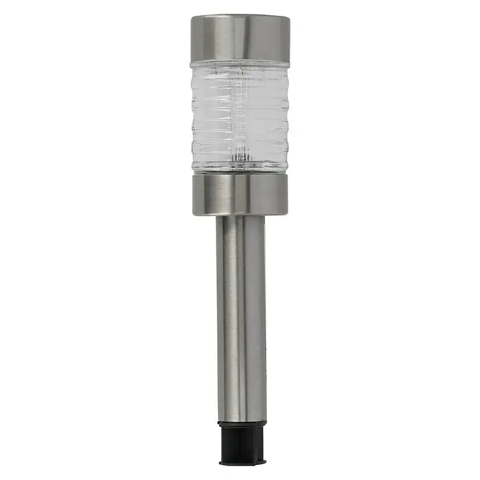 BAUHAUS Solar-Erdspieß - 0,06 W, Höhe: 39 cm, Silber, IP44, 3 lm - Edelstahl-Gartenleuchte mit klarem, geripptem Lampenschirm für Außenbereiche, die eine stilvolle Beleuchtungslösung bietet.