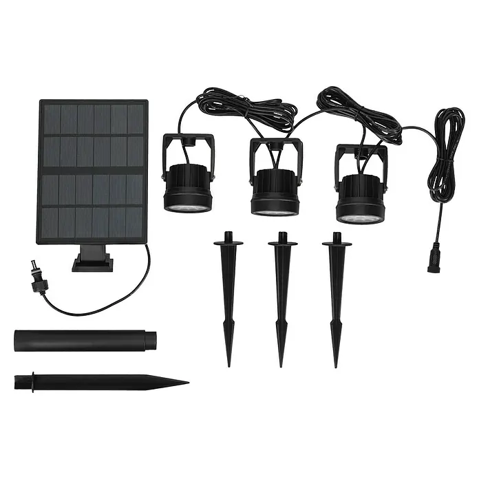 BAUHAUS Solarleuchten-Set - 3 W, Schwarz, IP44, 150 lm - Solarbetriebene Landschaftsbeleuchtung mit drei Strahlern, Solarmodul und Erdspießen für den Außenbereich. Ideal für Garten und Terrasse.