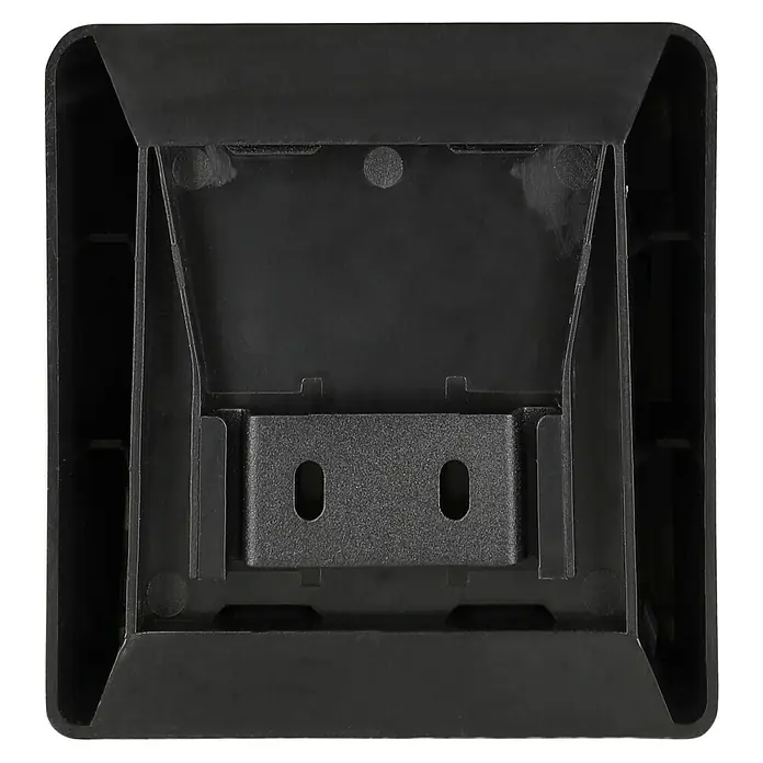 BAUHAUS Solar-Außenwandleuchte - L x B x H: 6,4 x 10,7 x 9,7 cm, Schwarz, IP65, 40 lm - Nahaufnahme einer schwarzen Halterung. Das Produkt bietet eine robuste Konstruktion und praktische Montagemöglichkeiten für verschiedene Geräte.