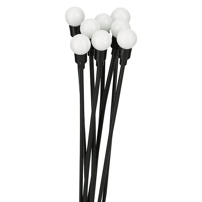 BAUHAUS Solar-Dekoleuchte - Schwarz, IP44, Höhe: 70 cm, Warmweiß - Eine Nahaufnahme von einem Bündel von Stielkugelleuchten mit schwarzen Stielen und weißen kugelförmigen Lampen.