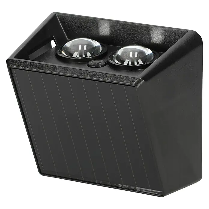 BAUHAUS Solar-Außenwandleuchte - L x B x H: 6,4 x 10,7 x 9,7 cm, Schwarz, IP65, 40 lm - Das Bild zeigt eine schwarze Solarleuchte mit zwei Linsen, die sich ideal für den Einsatz im Freien eignet.