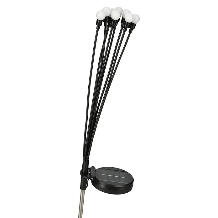 BAUHAUS Solar-Dekoleuchte - Schwarz, IP44, Höhe: 70 cm, Warmweiß - Nahaufnahme einer Solar-Gartenleuchte mit mehreren Stäben und kugelförmigen Lichtern, die eine stimmungsvolle Atmosphäre erzeugt.
