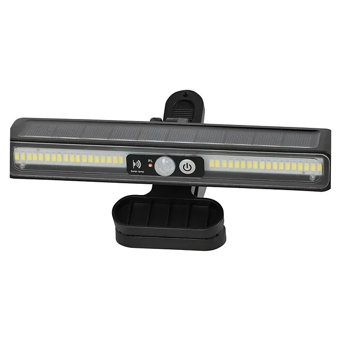 BAUHAUS LED-Klemmleuchte Solar - L x B x H: 19,8 x 2,5 x 3,2 cm, Lichtfarbe: Kaltweiß - Abbildung einer schwarzen Solarleuchte mit Bewegungssensor und LED-Beleuchtung, ideal für den Außenbereich.