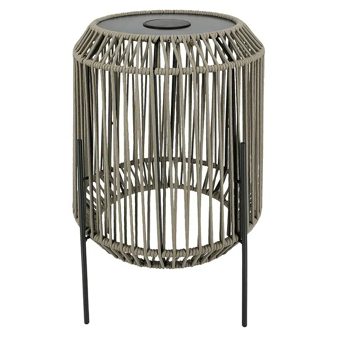 BAUHAUS Solar-Dekoleuchte Laterne - 0,06 W, L x B x H: 43,5 x 43,5 x 61 cm, Anthrazit, IP44 - Ein beiger Outdoor-Beistelltisch mit einer gewebten Seil-Optik und schlanken, schwarzen Beinen. Perfekt für Garten oder Terrasse.