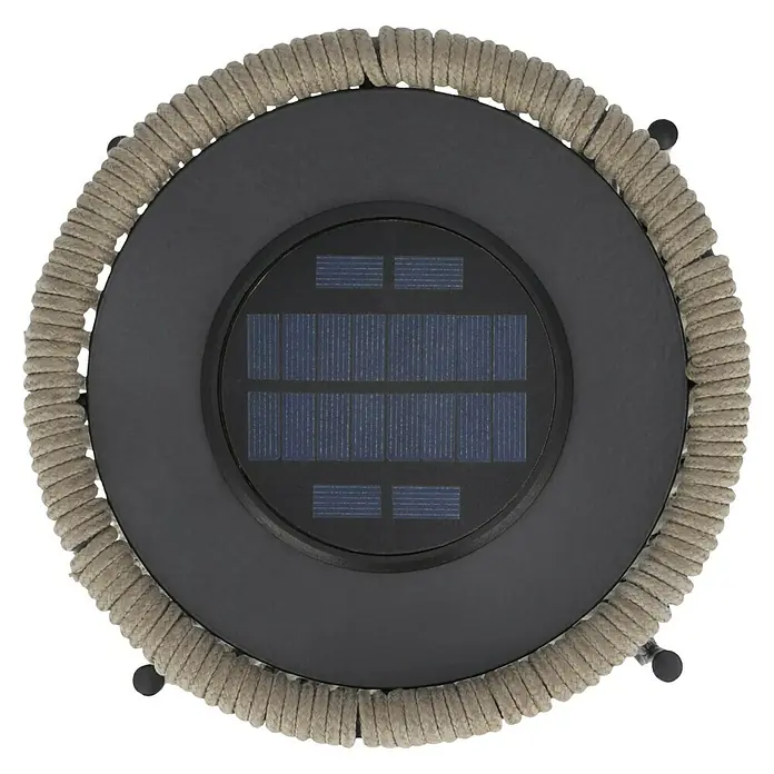 BAUHAUS Solar-Dekoleuchte Laterne - 0,06 W, L x B x H: 20 x 20 x 44 cm, Braun/ Anthrazit, IP44 - Draufsicht auf eine runde Solarleuchte mit Seilumwicklung, die eine warme und natürliche Atmosphäre für den Außenbereich schafft.