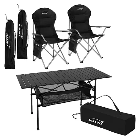 Hauki  Campingtisch Camping-Set mit Aluminium Klapptisch inkl. 2 Campingstuhl Schwarz