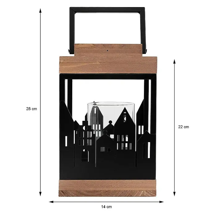 ECD Germany Deko-Tischleuchte Naturholz Metall Glas 22cm Henkel mit Kerzenhalter - L x B x H: 14 x 14 x 28 cm