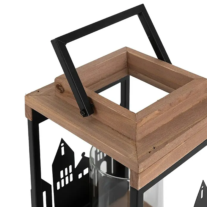 ECD Germany Deko-Tischleuchte Naturholz Metall Glas 22cm Henkel mit Kerzenhalter - L x B x H: 14 x 14 x 28 cm