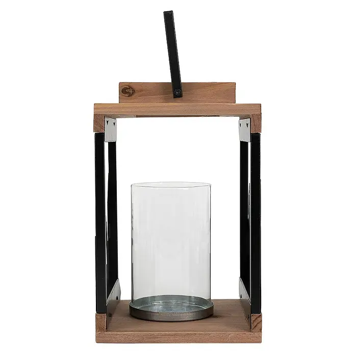 ECD Germany Deko-Tischleuchte Naturholz Metall Glas 22cm Henkel mit Kerzenhalter - L x B x H: 14 x 14 x 28 cm