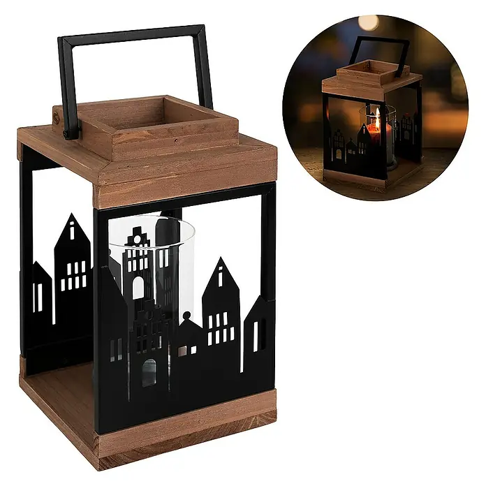 ECD Germany Deko-Tischleuchte Naturholz Metall Glas 22cm Henkel mit Kerzenhalter - L x B x H: 14 x 14 x 28 cm
