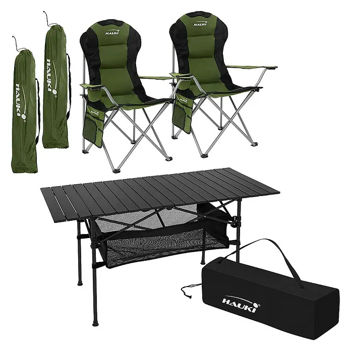 Hauki Campingtisch Camping-Set mit Aluminium Klapptisch inkl. 2 Campingstuhl Grün - L x B x H: 95 x 56 x 110 cm, Aluminium, Metall, 600D Polyester Gewebe, Schwarz, Grün