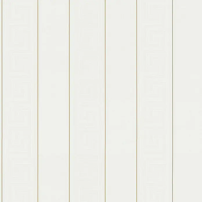 Tadessi Vliestapete M1-No.876 - Weiß, Streifen, 10,05 x 0,7 m - Weiße Tapete mit dezentem Mäander-Muster auf abwechselnden vertikalen Abschnitten und dünnen Goldstreifen.