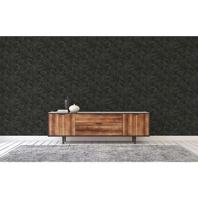 Tadessi Vliestapete M1-No.676 - Schwarz, Steinoptik, 10,05 x 0,53 m - Dunkle Tapete mit schwarzem Marmoreffekt und goldfarbenen Adern, verschönert einen stilvollen Raum.