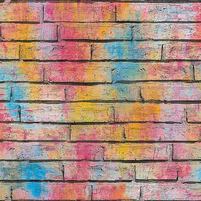 Tadessi Vliestapete M1-No.2638 - Mehrfarbig, Steinoptik, 10,05 x 0,53 m - Lebendige Ziegelwandtextur mit Farbspritzern in Pink, Gelb und Blau.