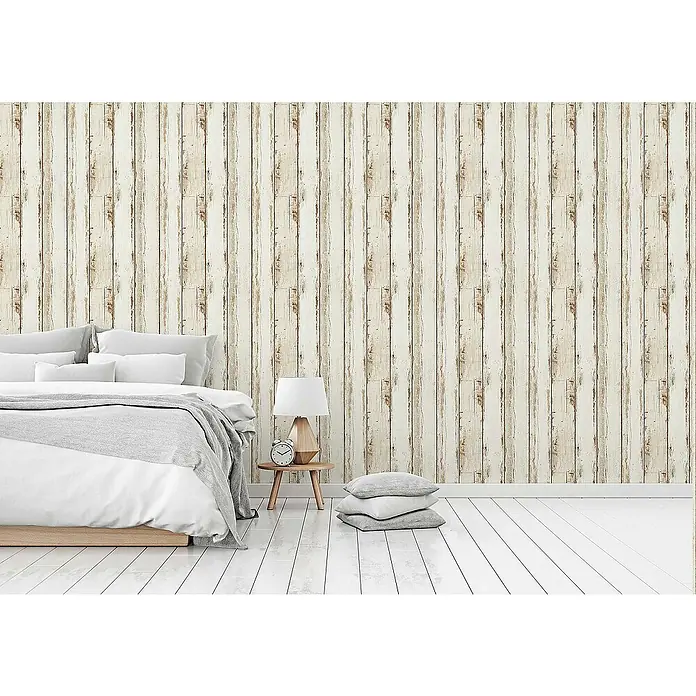Tadessi Vliestapete M1-No.252 - Creme, Holzoptik, 10,05 x 0,53 m - Tapete mit einem rustikalen Design aus verwitterten weißen Holzbrettern für eine gemütliche Atmosphäre.