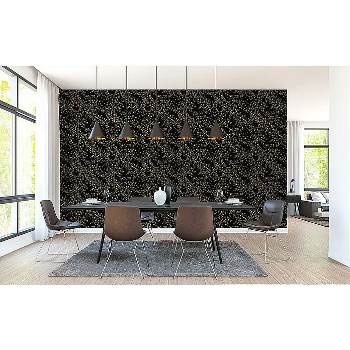 Tadessi Vliestapete M1-No.883 - Schwarz, Floral, 10,05 x 0,7 m - Schwarze Tapete mit goldenen Sprenkeln an einer Esszimmerwand.