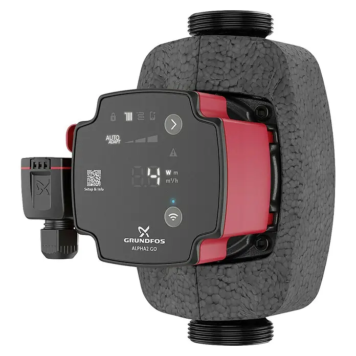 Grundfos Umwälzpumpe ALPHA2 GO 25-40 180 - Einbaulänge: 180 mm, Förderhöhe: 4 m, 60 W - 90 W - Eine Grundfos ALPHA2 GO Heizungspumpe mit Dämmung und digitaler Anzeige für optimierte Heizsysteme.