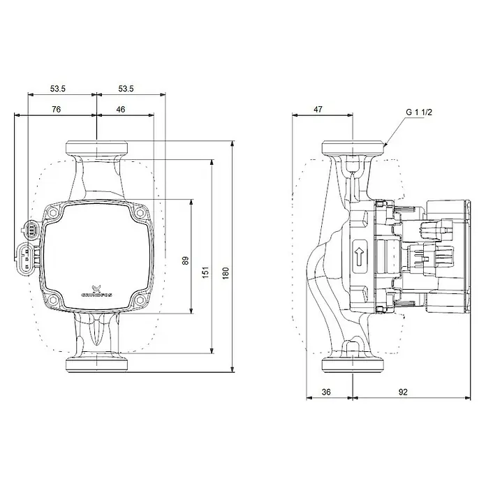 Grundfos Umwälzpumpe ALPHA2 GO 25-40 180 - Einbaulänge: 180 mm, Förderhöhe: 4 m, 60 W - 90 W - Produktzeichnung einer Grundfos-Pumpe mit detaillierten Maßangaben für den technischen Einsatz.