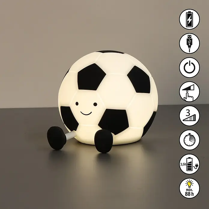 FHL easy LED-Nachtlicht Kalle - 0,4 W, L x B x H: 14 x 11,5 x 10,5 cm, Warmweiß, Fußball Kalle - Niedliches Fußball-Nachtlicht mit freundlichem Gesicht und Symbolen für Akku, USB, Timer und Helligkeitsstufen für Kinder.