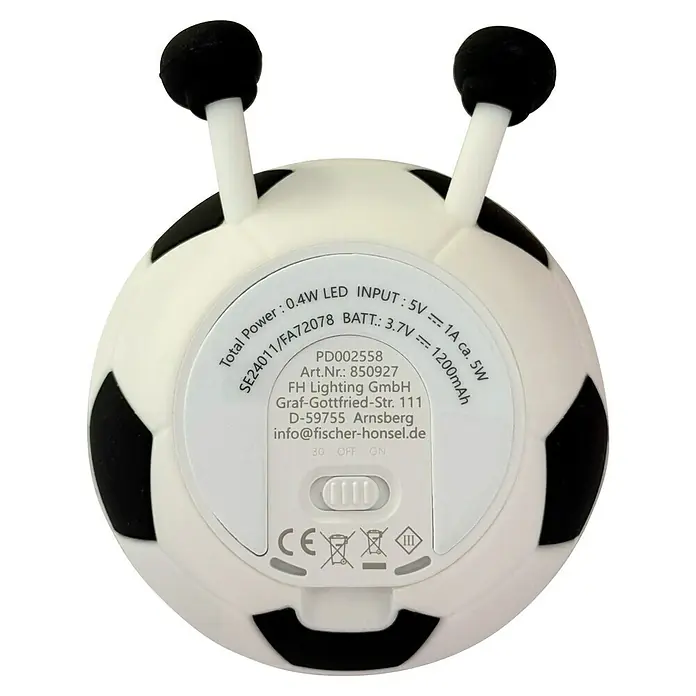 FHL easy LED-Nachtlicht Kalle - 0,4 W, L x B x H: 14 x 11,5 x 10,5 cm, Warmweiß, Fußball Kalle - Nahaufnahme der Unterseite einer Fußball-Nachtleuchte mit Produktdetails und Schalter.