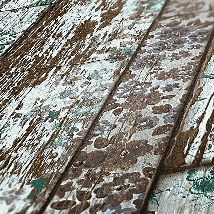 Tadessi Vliestapete M1-No.1628 - Braun, Holzoptik, 10,05 x 0,53 m - Shabby-Chic-Tapete in Holzoptik mit abblätternder weißer Farbe und floralen Mustern in Braun, Grau und Grün.