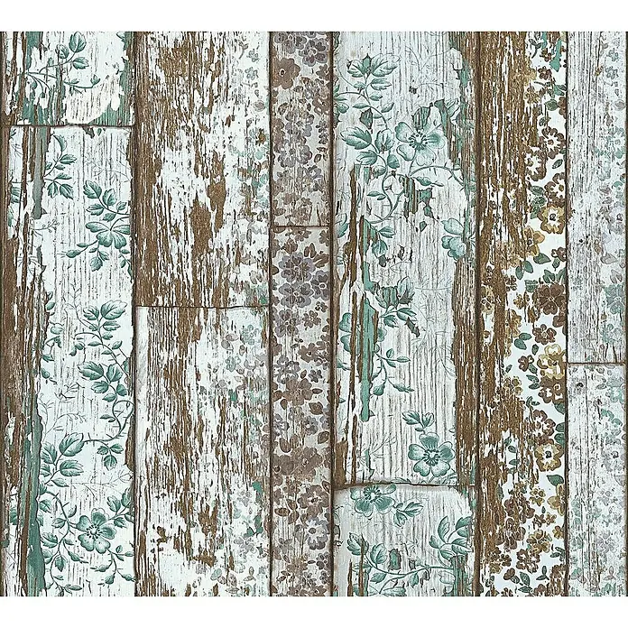 Tadessi Vliestapete M1-No.1628 - Braun, Holzoptik, 10,05 x 0,53 m - Used wirkende Holzplanken-Tapete mit abblätternder weißer Farbe und Blumenmuster in Türkis, Braun und Taupe.