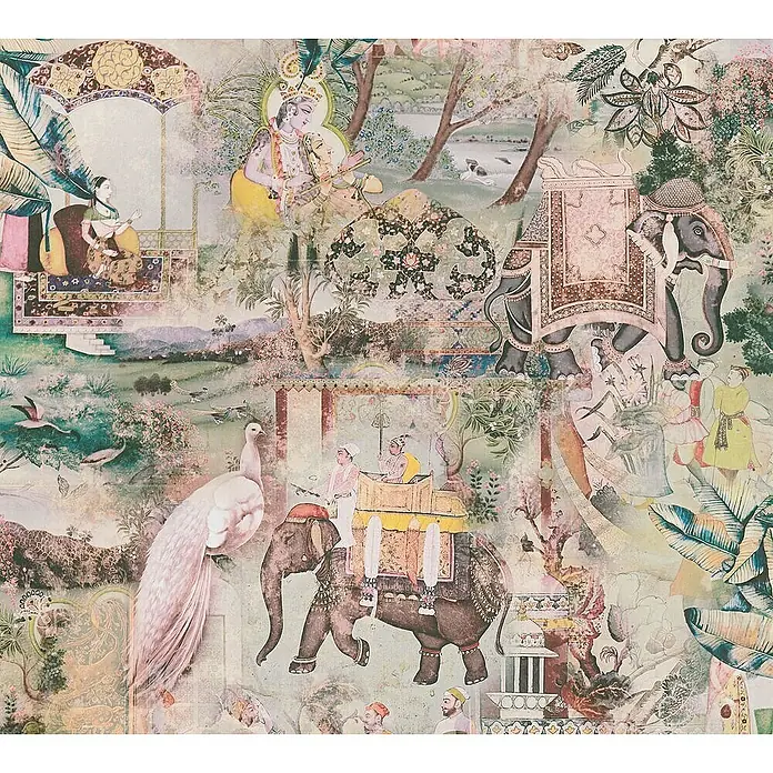 Tadessi Vliestapete M1-No.1695 - Braun, Sonstiges, 10,05 x 0,53 m - Detailreiche, mehrfarbige Illustration im traditionellen indischen Stil mit Gottheiten, Elefanten, Pfauen und üppigen Landschaften für Dekorationszwecke.