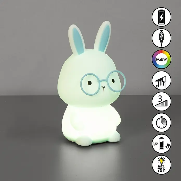 FHL easy LED-Nachtlicht Felix - 0,4 W, L x B x H: 9 x 9 x 16,3 cm, RGBW, Hase Felix - Niedliche Hasenlampe mit Brille, perfekt als sanftes Nachtlicht für Kinderzimmer. Bietet verschiedene Lichtmodi und ist wiederaufladbar.