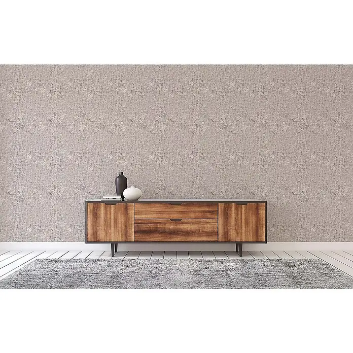 Tadessi Vliestapete M1-No.1537 - Grau, Holzoptik, 10,05 x 0,53 m - Modernes Holz-Sideboard mit dunkler Platte und Beinen, mit Schubladen und Schränken. Es trägt zwei Ziergefäße in einem zeitgenössischen Raum.