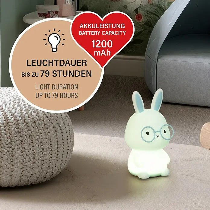 FHL easy LED-Nachtlicht Felix - 0,4 W, L x B x H: 9 x 9 x 16,3 cm, RGBW, Hase Felix - Das LED-Nachtlicht in Hasenform mit Brille sorgt für eine sanfte Beleuchtung im Kinderzimmer. Akkulaufzeit bis zu 79 Stunden.