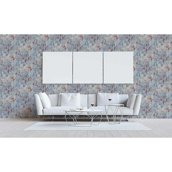 Tadessi Vliestapete M1-No.648 - Rot, Steinoptik, 10,05 x 0,53 m - Abstrakt strukturierte Tapete in Blau-, Rotbraun- und Beigetönen an einer Wohnzimmerwand.