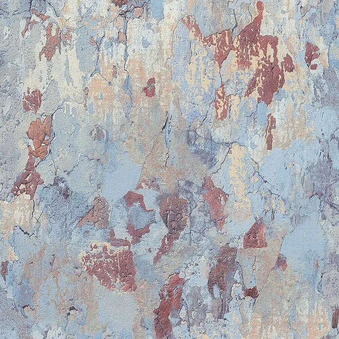 Tadessi Vliestapete M1-No.648 - Rot, Steinoptik, 10,05 x 0,53 m - Verwitterte Wandtextur mit abblätternder blauer, roter und cremefarbener Farbe, Risse zeigen eine rustikale Oberfläche.