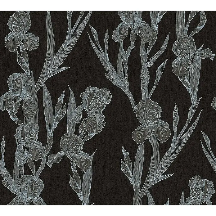 Tadessi Vliestapete M1-No.1375 - Schwarz, Floral, 10,05 x 0,53 m - Dekoratives nahtloses Muster aus hellgrauen Irisblüten- und Blattumrissen auf dunkelbraunem strukturiertem Hintergrund.