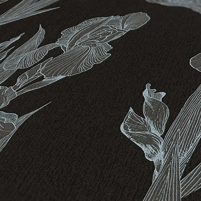 Tadessi Vliestapete M1-No.1375 - Schwarz, Floral, 10,05 x 0,53 m - Dunkle Tapete mit eleganter weißer Strichzeichnung von Schwertlilien, die ein raffiniertes Blumenmuster bildet.