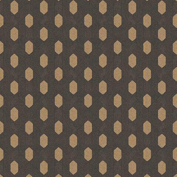 Tadessi Vliestapete M1-No.2825 - Schwarz, Sonstiges, 10,05 x 0,53 m - Wiederholendes Muster mit goldbraunen, strukturierten Sechsecken auf dunkelgrauem, strukturiertem Hintergrund.