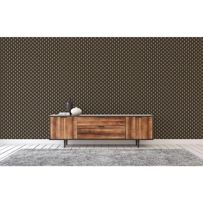 Tadessi Vliestapete M1-No.2825 - Schwarz, Sonstiges, 10,05 x 0,53 m - Dunkelbraune Tapete mit kleinem, sich wiederholendem Muster aus hellbraunen Kapselformen an der Wand.