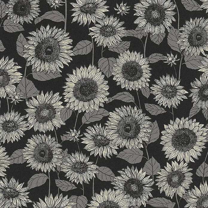 Tadessi Vliestapete M1-No.527 - Schwarz, Floral, 10,05 x 0,53 m - Stilisiertes Sonnenblumenmuster mit cremefarbenen Blütenblättern und grauen Blättern auf schwarzem Hintergrund.
