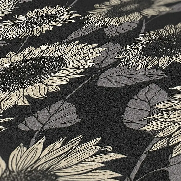 Tadessi Vliestapete M1-No.527 - Schwarz, Floral, 10,05 x 0,53 m - Dekoratives Muster aus stilisierten beigen Sonnenblumen und grauen Blättern auf strukturiertem schwarzem Hintergrund, ideal für Tapeten.