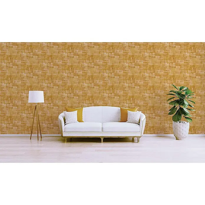 Tadessi Vliestapete M1-No.1475 - Orange, Sonstiges, 10,05 x 0,53 m - Goldbraune gemusterte Tapete mit gewebter Textur an einer Wand.